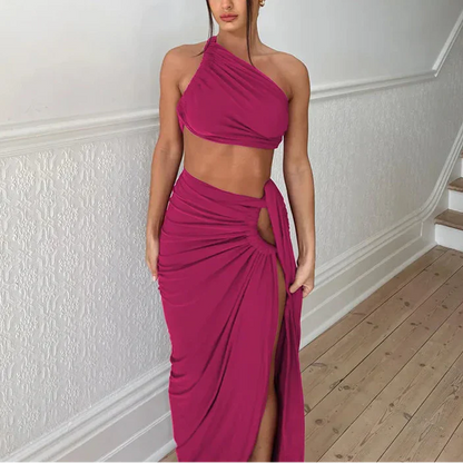 Elegant Summer Dress Set with Asymmetrical Top and Deep Slit
