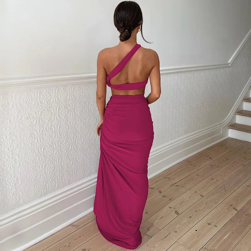 Elegant Summer Dress Set with Asymmetrical Top and Deep Slit