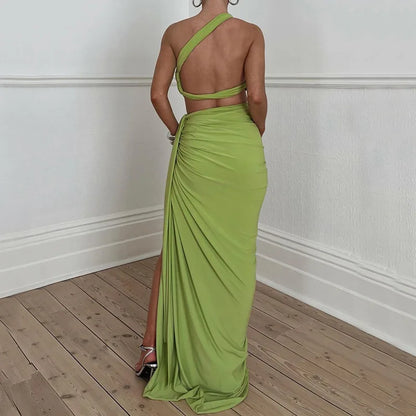 Elegant Summer Dress Set with Asymmetrical Top and Deep Slit